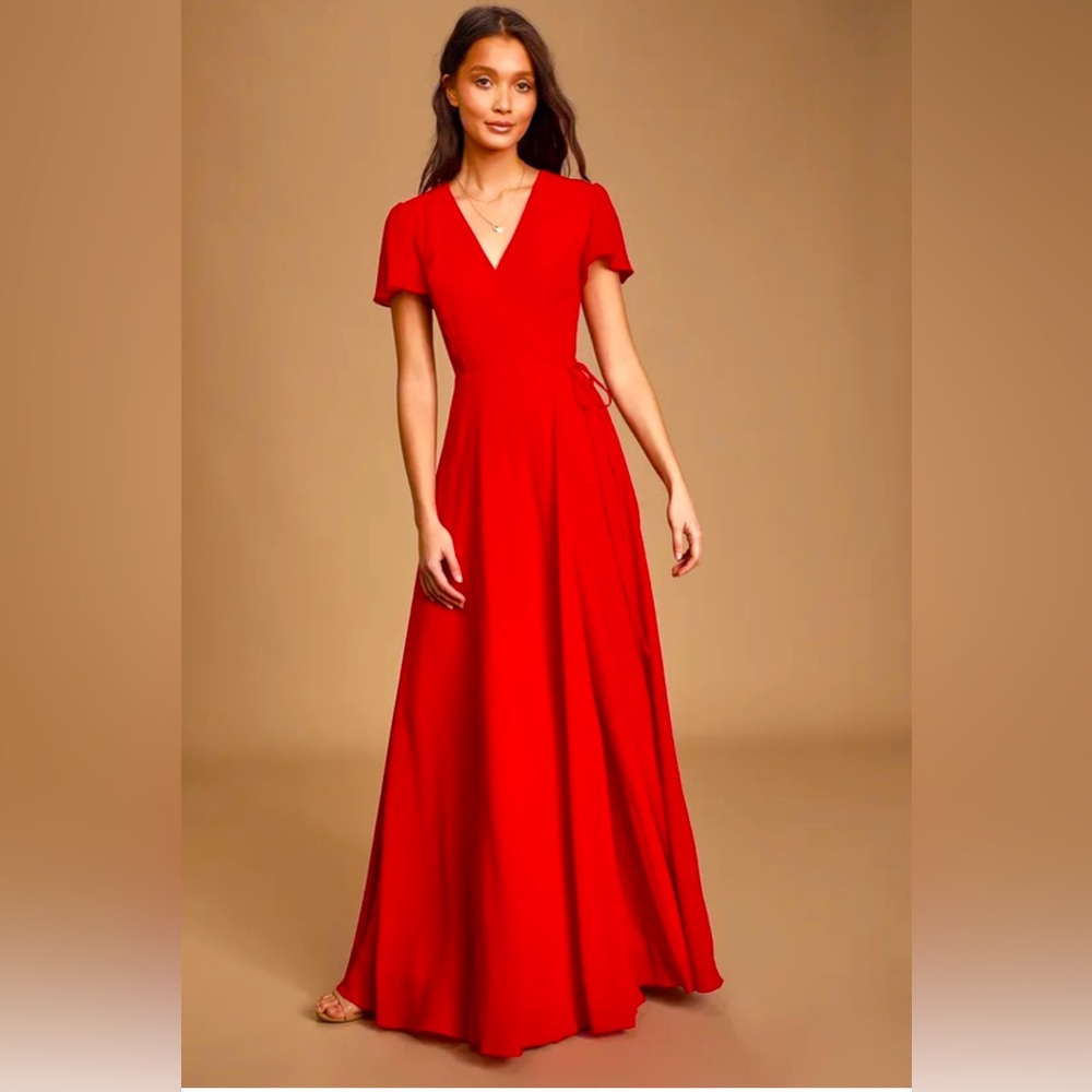 Prom Dress by Lulus
Bright red maxi wrap dress, size xs